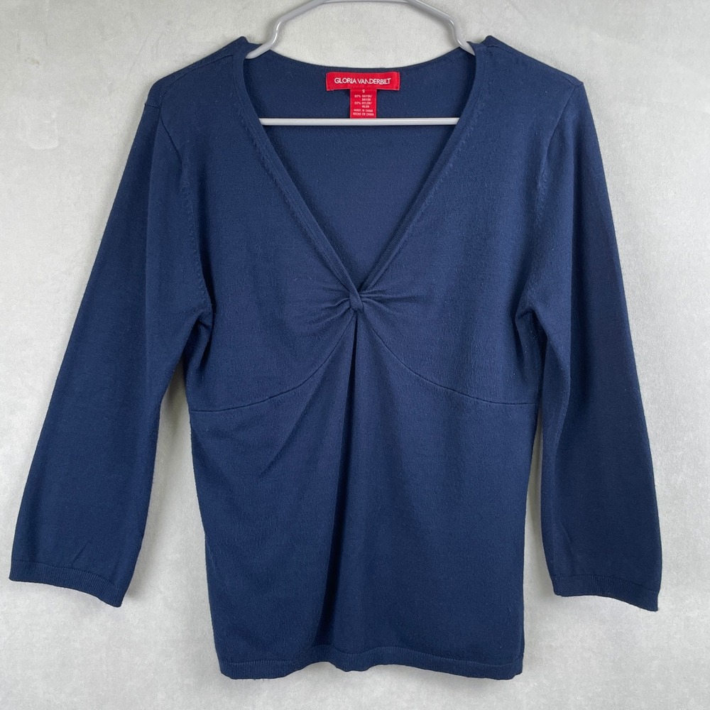 Gloria Vanderbilt Navy Blue Twist Front V-Neck 3/4 Sleeve Knit Sweater Top Hip S